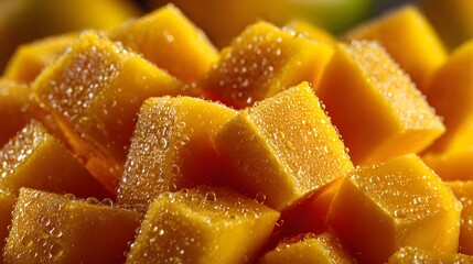 Close-up texture shot of fresh diced mango cubes showing vibrant yellow-orange color and a juicy glistening surface of refreshing fruit.
