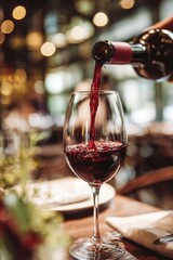 Close up of red wine being poured from a bottle into a crystal glass on a wooden table in a restaurant with blurred lights background