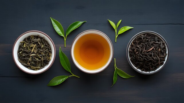 A top-down view of three bowls of tea and fresh green tea leaves on a dark wooden surface. - Powered by Adobe
