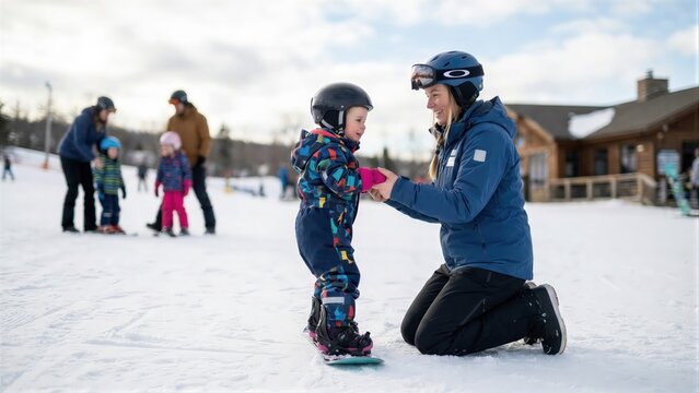 Woman instructor teaching little child how to snowboard on a snowy mountain slope at a ski resort. Childhood activity and winter sport.