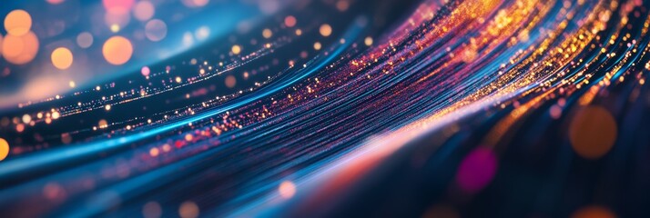 Swirls of data flow through fiber optics in a colorful display showcasing digital communication in a modern world at night