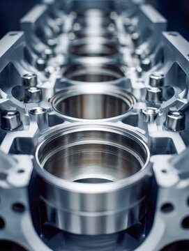 Industrial engine cylinder block showcasing polished metal chambers and intricate mechanical details for high-performance automotive applications in a manufacturing