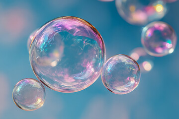 Transparent floating soap bubbles reflecting colorful light against a clear blue sky with soft bokeh in the background creating a dreamy atmosphere
