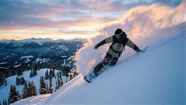 Man snowboarding down snowy mountain slope. Winter sports adventure. Action shot of snowboarder in powder snow for extreme sports concept.
