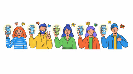 Fototapeta premium Diverse Group Holding Smartphones with Search Icon. Mobile Social Media Marketing, Online Community, Digital Information Finding and User Research Concept.