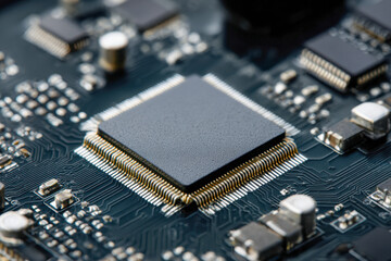 Detailed view of an integrated circuit chip mounted on a printed circuit board with surrounding electronic components and intricate connections visible