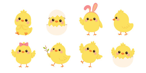Cute chicken character set for Easter and spring design. Adorable yellow chicks in different poses. Flat vector illustration isolated on white background.