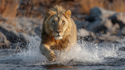 A majestic lion charges through crystal-clear water, sending shimmering splashes into the air, while golden sunlight softly refracts through the pristine atmosphere of vast, untouched wilderness.