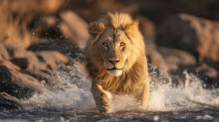 A majestic lion charges through crystal-clear water, sending shimmering splashes into the air, while golden sunlight softly refracts through the pristine atmosphere of vast, untouched wilderness.