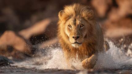 A majestic lion charges through crystal-clear water, sending shimmering splashes into the air, while golden sunlight softly refracts through the pristine atmosphere of vast, untouched wilderness.