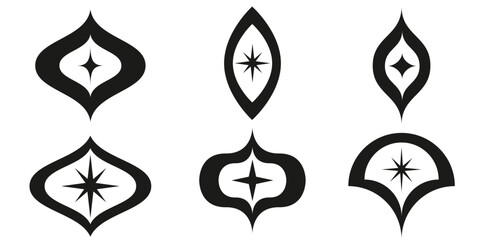 Mid century modern atomic stars inside ogee and oval shapes 9 icons set. For design elements, stickers and clip arts
