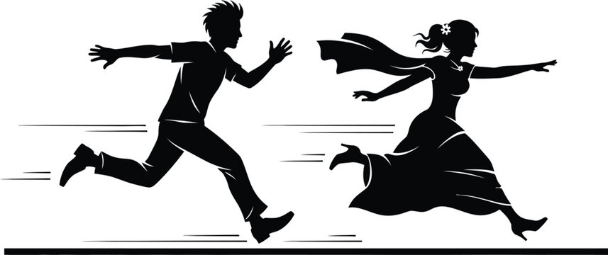 a dynamic black and white illustration shows a couple in motion appearing to run or flee together with trailing lines