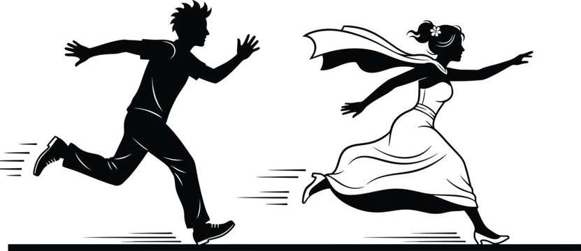 a striking black and white illustration depicts a bride and groom fleeing seemingly escaping or running away together in haste