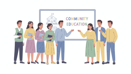 Obraz premium Flat Vector Illustration of Young People Presenting Community Education Program for Adult Learning and Social Outreach