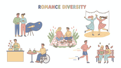 Modern Romance Diversity: Cute Illustration Set of Various Couples Dating, including Same-Sex and Disabled Partners and Inclusive Activities