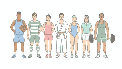 Fototapeta premium Diverse Group of Athletes Illustration. Seven People in Various Sports Uniforms (Basketball, Karate, Soccer, Weightlifting, Swimming, Tennis) Representing Fitness and Healthy Lifestyle.