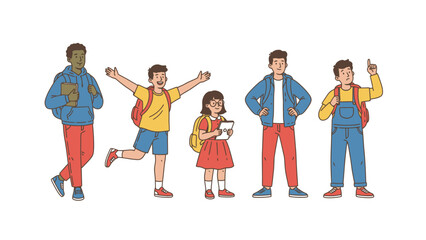 Obraz premium Diverse Group of Happy School Students with Backpacks and Books. Back to School Concept Vector Illustration.