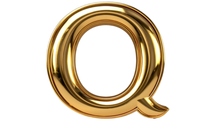 A 3D render of the letter "Q," gold in color, with polished, reflective surfaces, and a black background