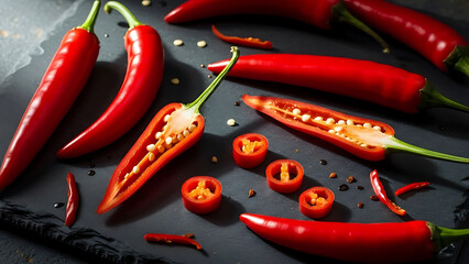Red Chili Peppers Scattered on Dark Surface