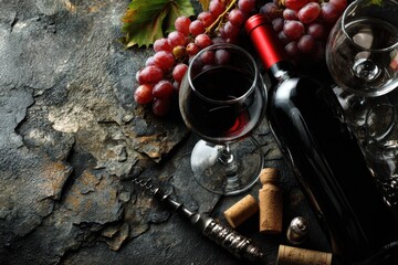 Red Bottle of wine, bunch of grapes, glasses, corkscrew and corks