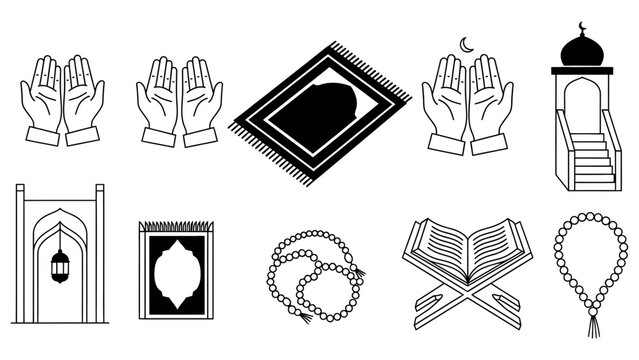 Comprehensive collection of Islamic religious symbols and prayer elements featuring hands minbar mats and holy book icons