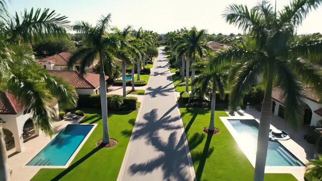 Aerial view of a palm tree lined residential street