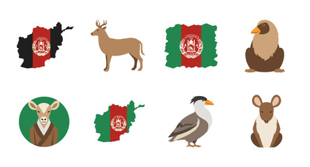Fototapeta premium Collection of Afghan national symbols and wildlife illustrations