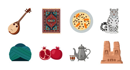 Collection of Central Asian cultural symbols and elements