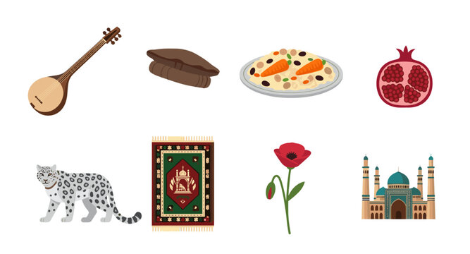 Collection of Afghan cultural symbols including a Rubab instrument, Pulao, and snow leopard