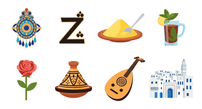 Collection of Tunisian cultural symbols and icons on a white background