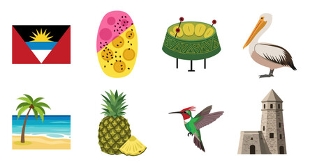 Antigua and Barbuda symbols: flag, pineapple, beach, pelican, hummingbird, steel drum, and tower