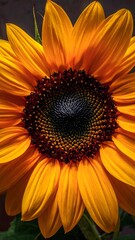 Close-up of a bright sunflower with gold petals surrounding a dark center, detailed textures and warm light