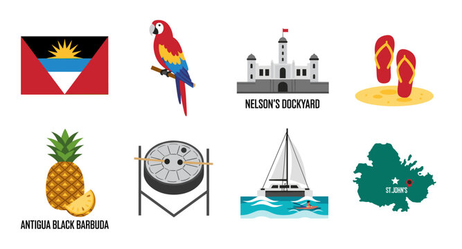 Antigua and Barbuda symbols: flag, parrot, Nelson's Dockyard, pineapple, steelpan, sailboat, map