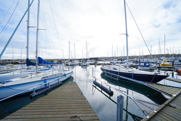 Fototapeta premium aarhus downtown canal pier city danmark theatre waterfront cityscape jacht harbor sailing ship blue sky