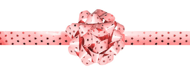 Shiny Gift Pink Bow Ribbon with Stars, Isolated Foil Style Gold Decoration For Birthday Party...
