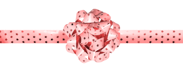 Shiny Gift Pink Bow Ribbon with Stars, Isolated Foil Style Gold Decoration For Birthday Party Christmas Xmas Greeting Card Design