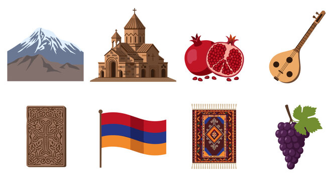 Collection of Armenian cultural symbols and landmarks, a visual representation of heritage