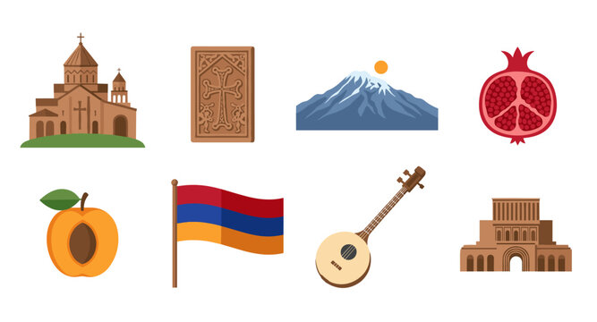 Armenian cultural symbols including church, khachkar, mountain, pomegranate, apricot, flag, and oud