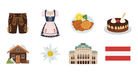 Collection of Austrian cultural icons and symbols, including traditional clothing and landmarks
