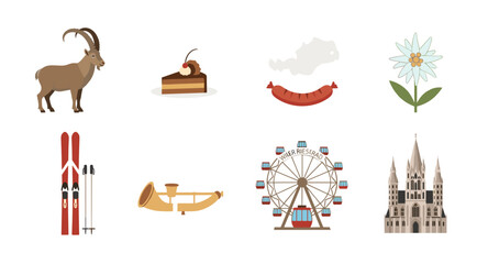 Collection of Austrian cultural symbols and landmarks in a flat design style