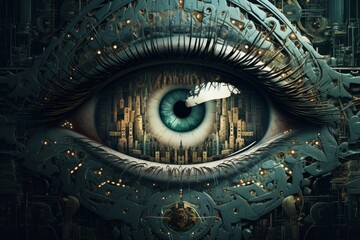 Cybernetic eye watching over a cityscape, illustrating technology, surveillance, and global control