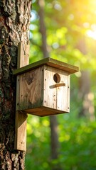 A wooden birdhouse mounted on a tree trunk in a lush, green forest illuminated by a bright, sunlit background