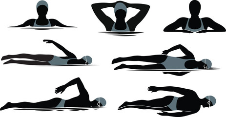 Silhouettes of swimmers in various styles and positions on a plain white background