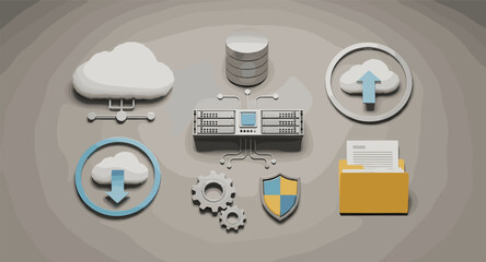Cloud computing network infrastructure with data storage, security, and file management icons