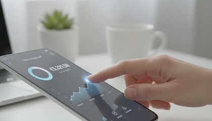 Person's finger interacting with a smartphone screen displaying a financial management application with graphs and account balance, representing digital banking and investment tracking