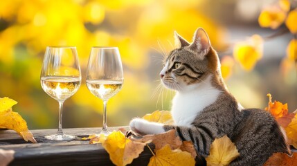 Cat enjoys a quiet moment with wine glasses in autumn leaves during the harvest season in a cozy outdoor setting