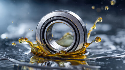Industrial metal bearing component splashing into golden lubricant oil on reflective surface with dynamic liquid motion and blurred background