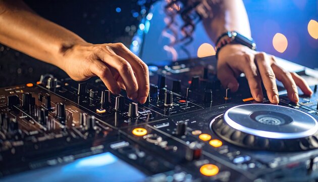 Close-up of DJ hands on a professional mixer and turntable, mixing music during a vibrant live performance.