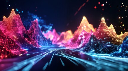 Exploration of a digital landscape with glowing crystallized mountains and fast light streams in a virtual world