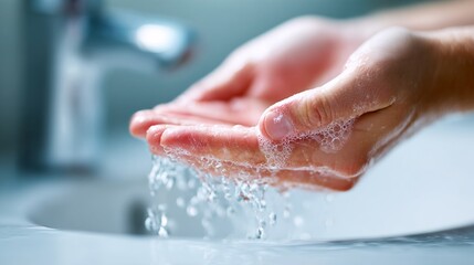Close-up of hands being washed under running water with soap suds in a sink for hygiene and cleanliness